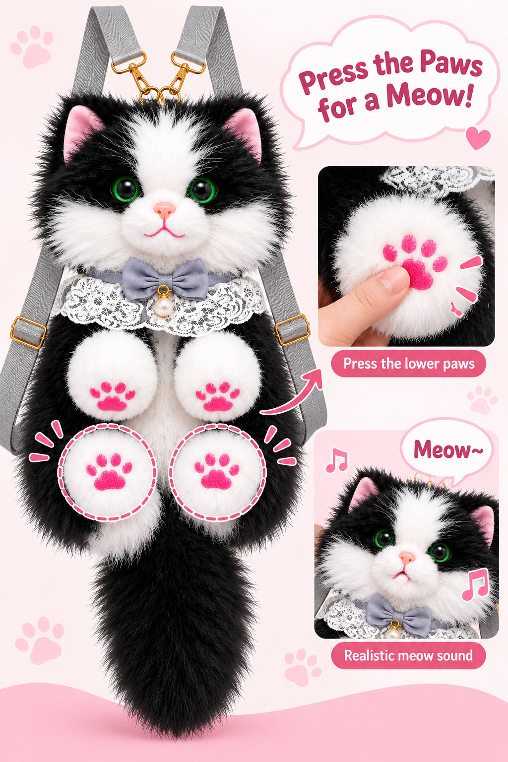 Meowing Plush Grey & White Cat Handbag & Crossbody Bag | Fluffy Kitty Purse with Adjustable Strap & Lace Collar for Girls & Women