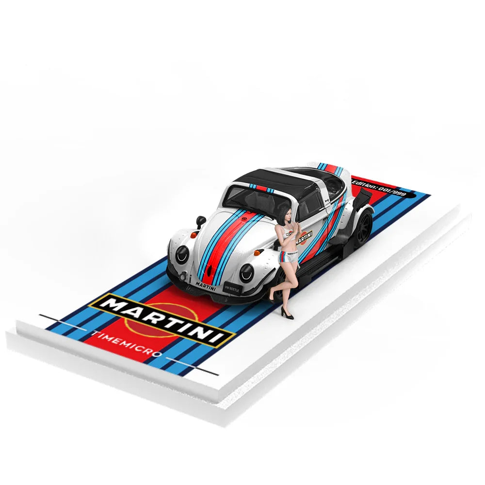 Time Micro Volkswagen Beetle Martini Figure Edition 1:64 Scale Diecast Model Car | Limited Edition | Display Base, Acrylic Case & Figure Included | 14+