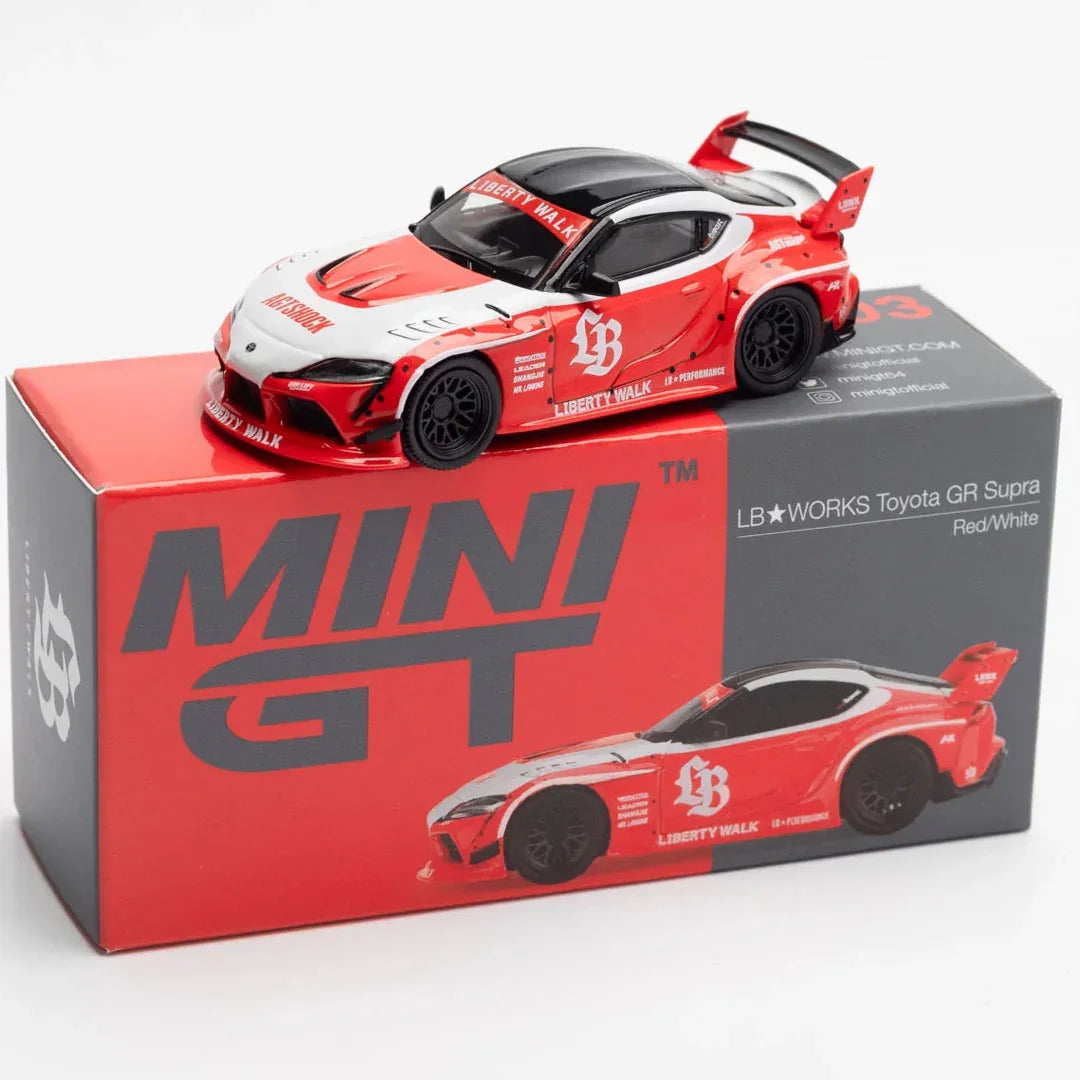 MINI GT 1:64 LB Works Toyota GR Supra Red & White 1:64 Diecast Model – Liberty Walk Widebody Collector Car