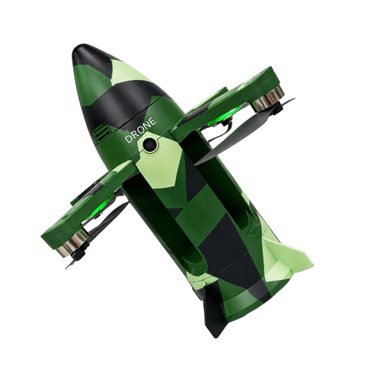 Model Missile Aircraft 2.4GHz Remote Control Drone with Spray Function, Cool LED Lights, Foldable Arms & Rechargeable Battery – Easy to Fly RC Flying Toy, Green Camouflage
