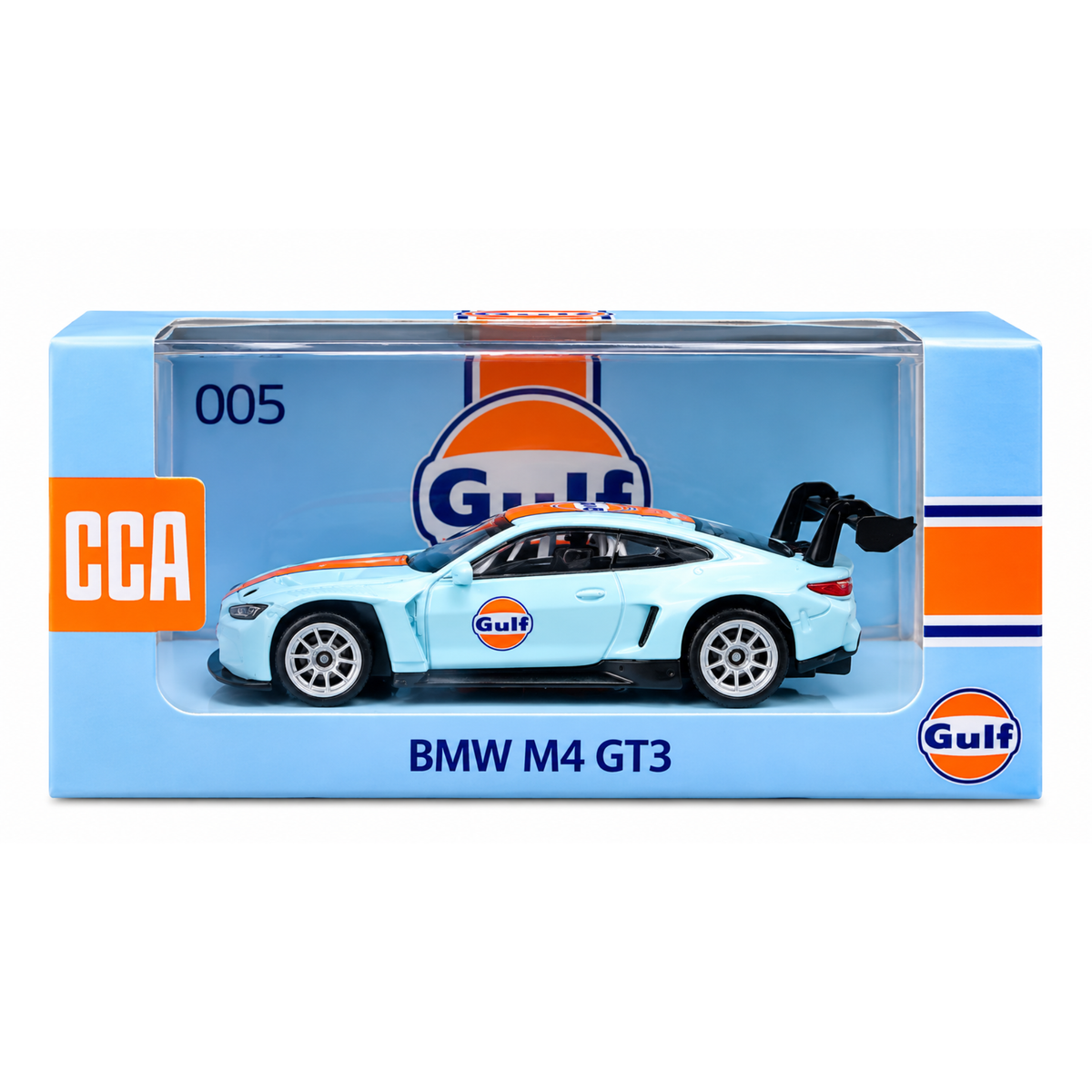 CCA 1:64 BMW M4 GT3 Gulf Racing Edition Die-Cast Model Car with Display Base & Protective Case | Detailed Motorsport Collectible Miniature Racing Car | Premium Model for BMW & Die-Cast Collectors