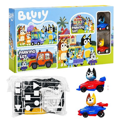 Bluey Parking Lot Playset with 2 Character Race Cars | DIY Assembly Parking Garage Track Toy Set for Kids