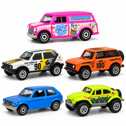 Matchbox JBX36 MBX Retro 5-Pack Die-Cast Car Set – Vintage Style Collectible Mini Vehicles with 5 Assorted Cars, Off-Roaders & Retro Models for Kids, Diecast Collectors, Display & Gifting
