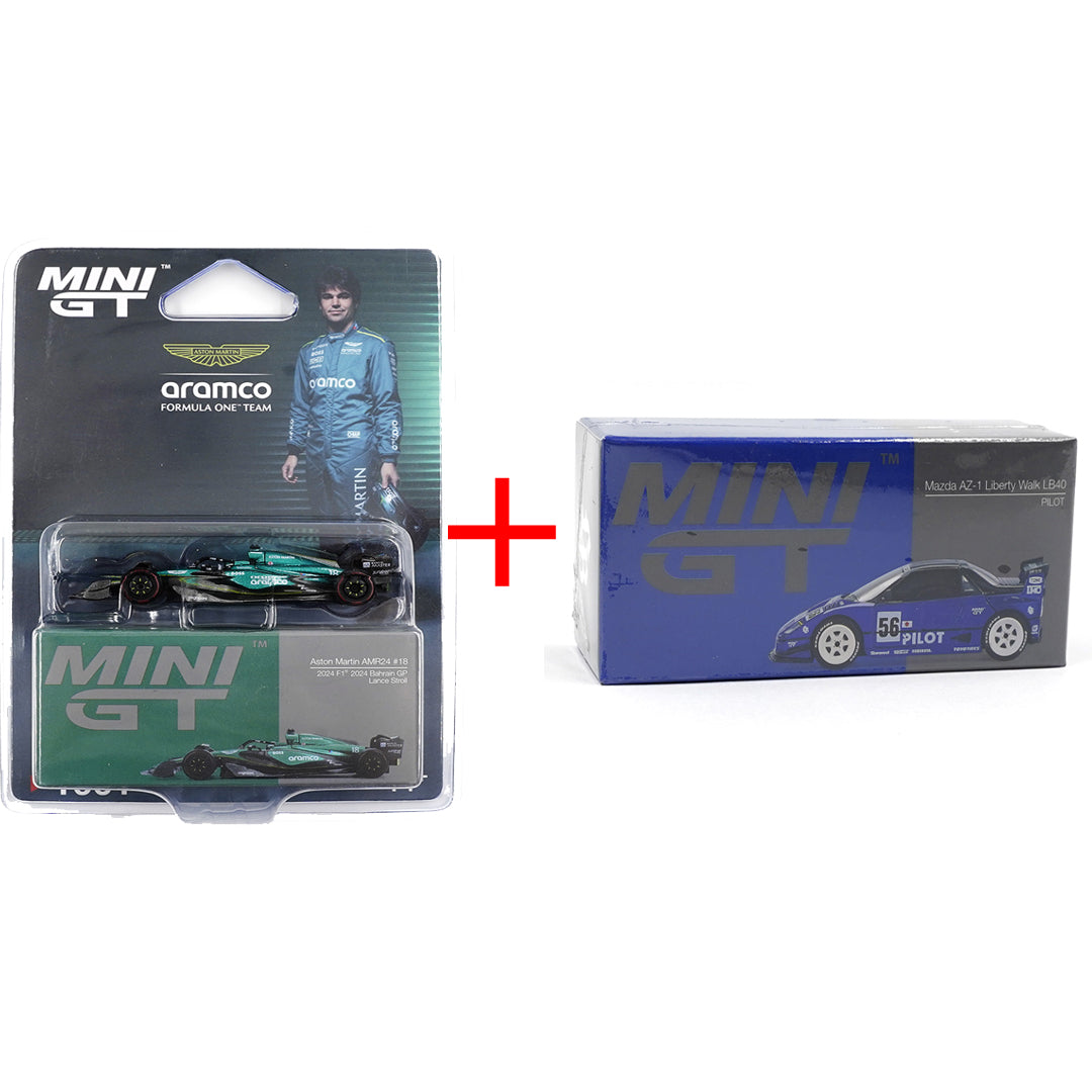 Mini GT 1:64 Aston Martin AMR24 #18 Lance Stroll F1 2024 + Mazda AZ-1 Liberty Walk LB40 Diecast Combo