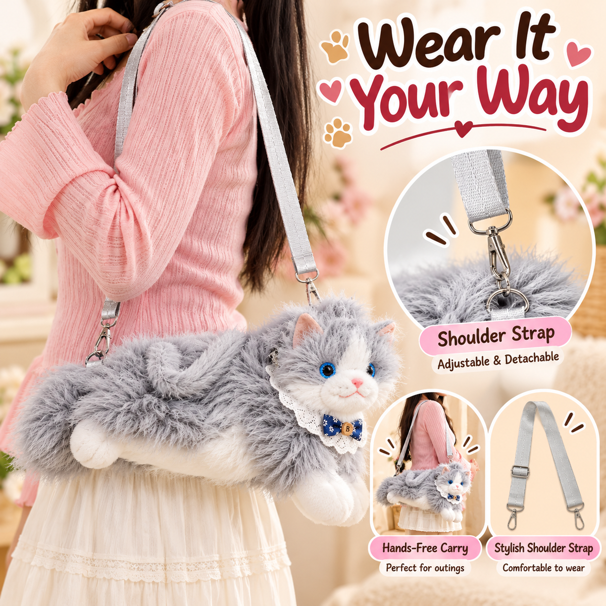 Meowing Plush Grey & White Cat Handbag & Crossbody Bag | Fluffy Kitty Purse with Adjustable Strap & Lace Collar for Girls & Women