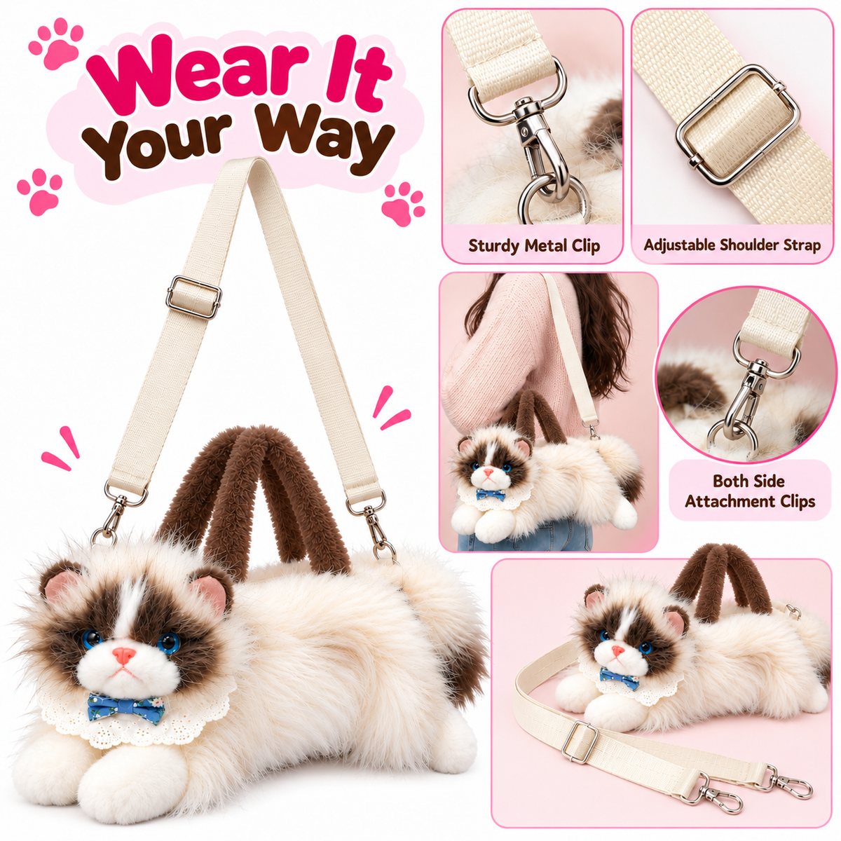 Meowing Plush Ragdoll Cat Handbag & Crossbody Bag | Fluffy Ragdoll Kitty Purse with Adjustable Strap & Lace Collar for Girls & Women