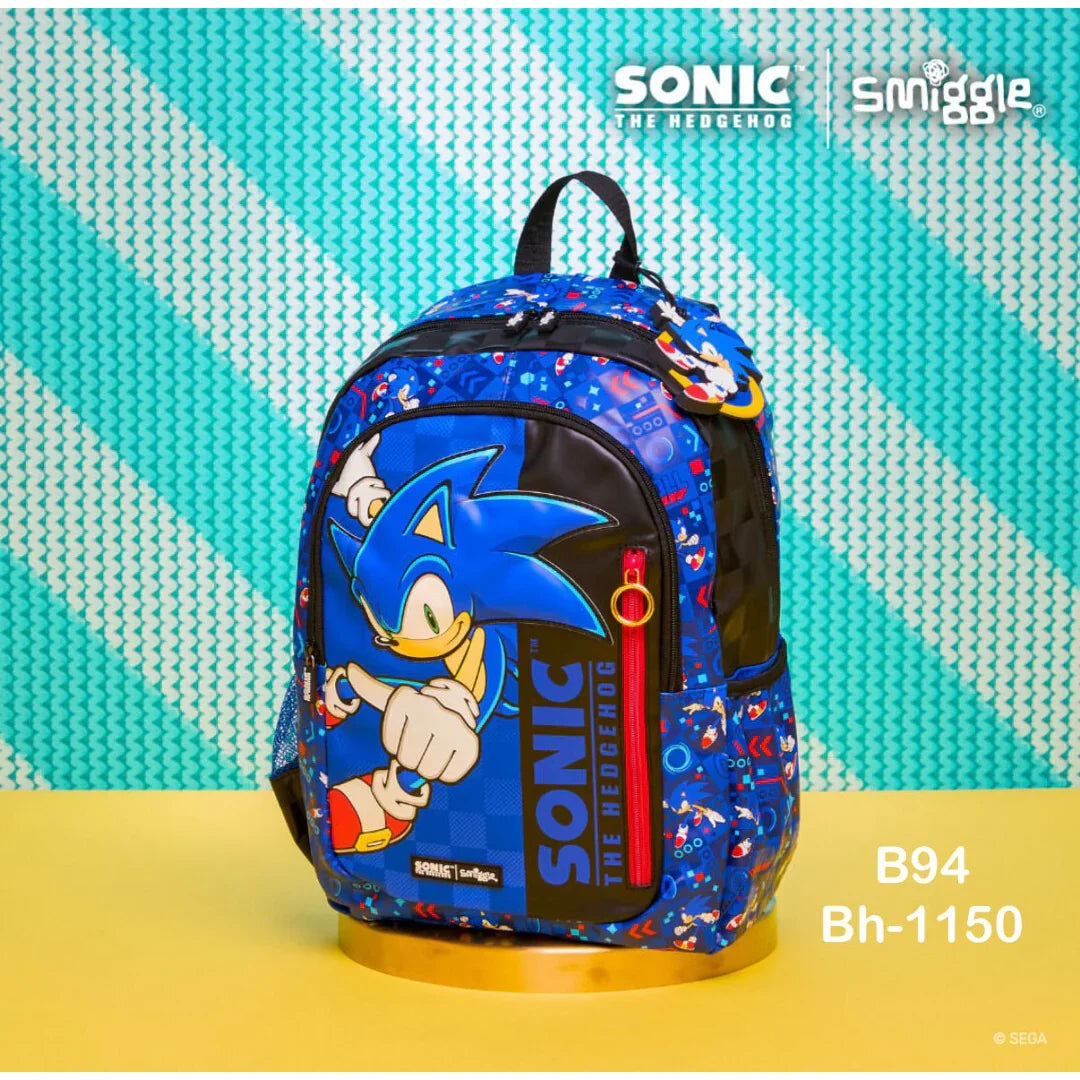 Smiggle Sonic the Hedgehog Classic School Backpack – 16 Inch Kids Bag with Laptop Sleeve, Zippered Compartments & Dual Bottle Holders
