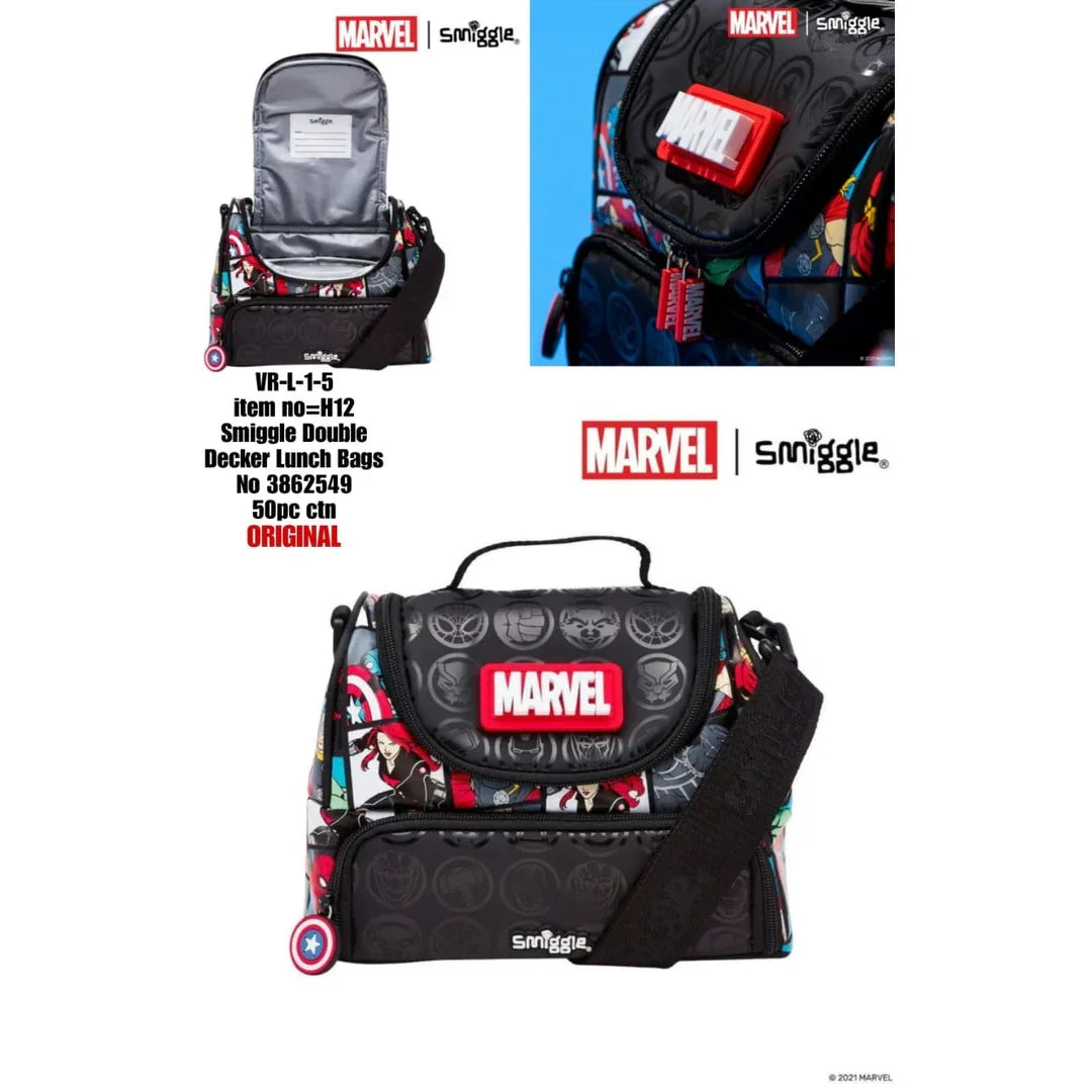 Smiggle Marvel Double Decker Lunch Bag – Insulated, BPA-Free, 2 Compartments, Silicone Marvel Logo