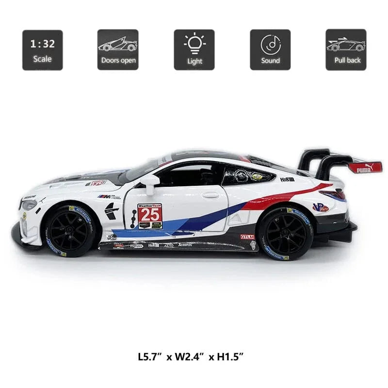 RMZ Hobby 1:32 BMW M8 GTE Die-Cast Model Car β White |Pull Back, Openable Doors, Light & Sound (664996)