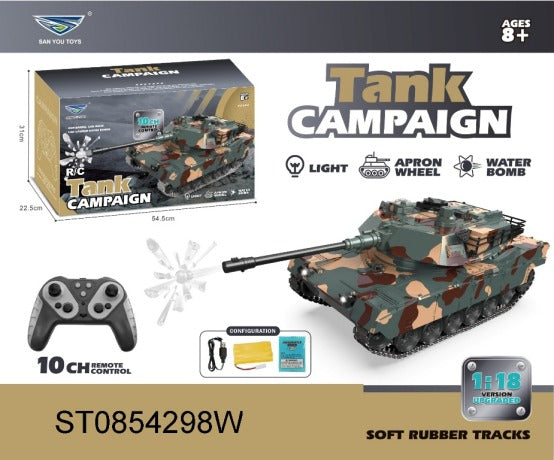 San You Toys Tank Campaign 1:18 Scale American M1A2 10-in-1 R/C Water Ball Tank ST0854298W with Lights, 10-Channel Remote & Soft Tracks