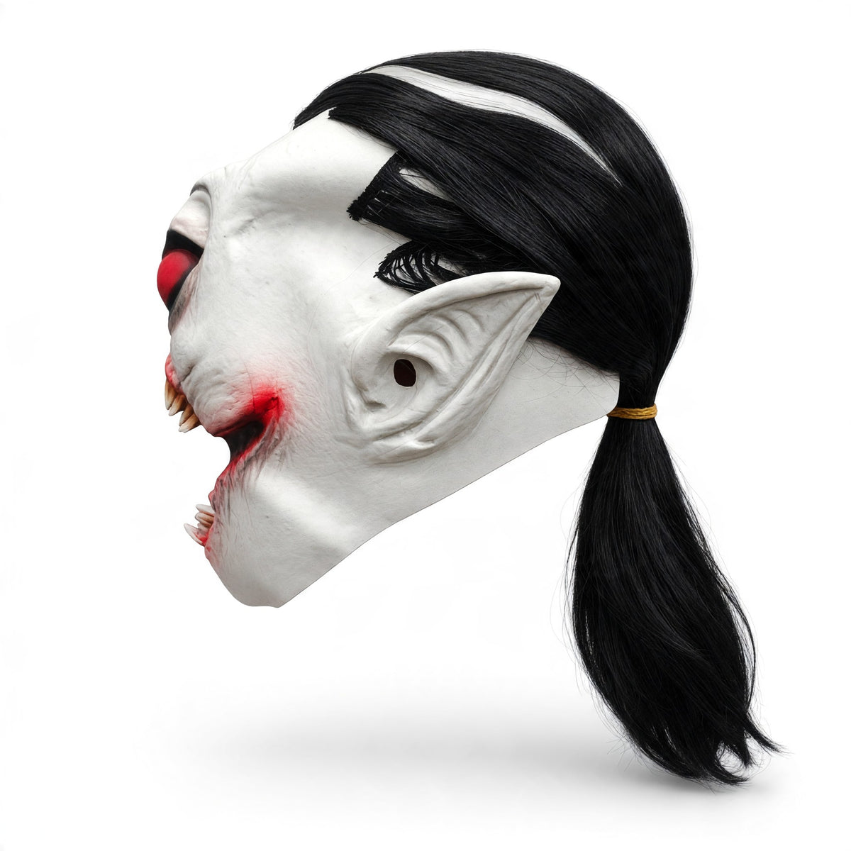 Halloween Scary White Demon Mask with Red Eyes & Black Hair – Horror Costume Mask for Adults