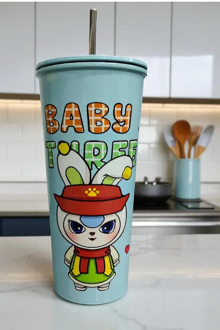 BABY THREE Colorful Stainless Steel Seeper Water Bottle – 500ml Blue| With Lid & Metal Straw | Cute Character Design - Jaiman Toys