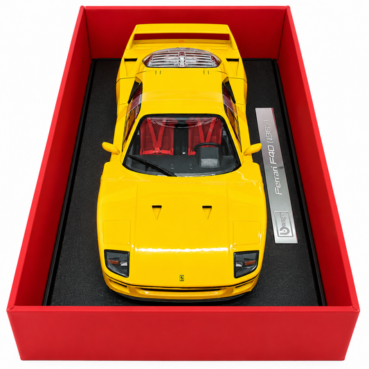 Bburago Exclusive Series Ferrari F40 (1987) Yellow 1:18 Scale Premium Diecast Model Car with Detailed Interior, Realistic Engine, Rear Spoiler & Collector Display Box