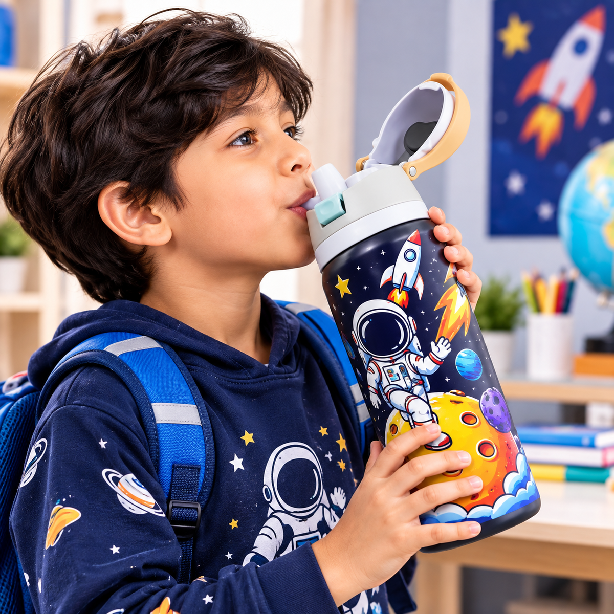 Astronaut Space Theme No.3 946ml (32oz) Insulated Stainless Steel Water Bottle for Kids with Straw Sipper Lid, Carry Handle & Leak-Resistant Design β Large Capacity Reusable School & Travel Bottle