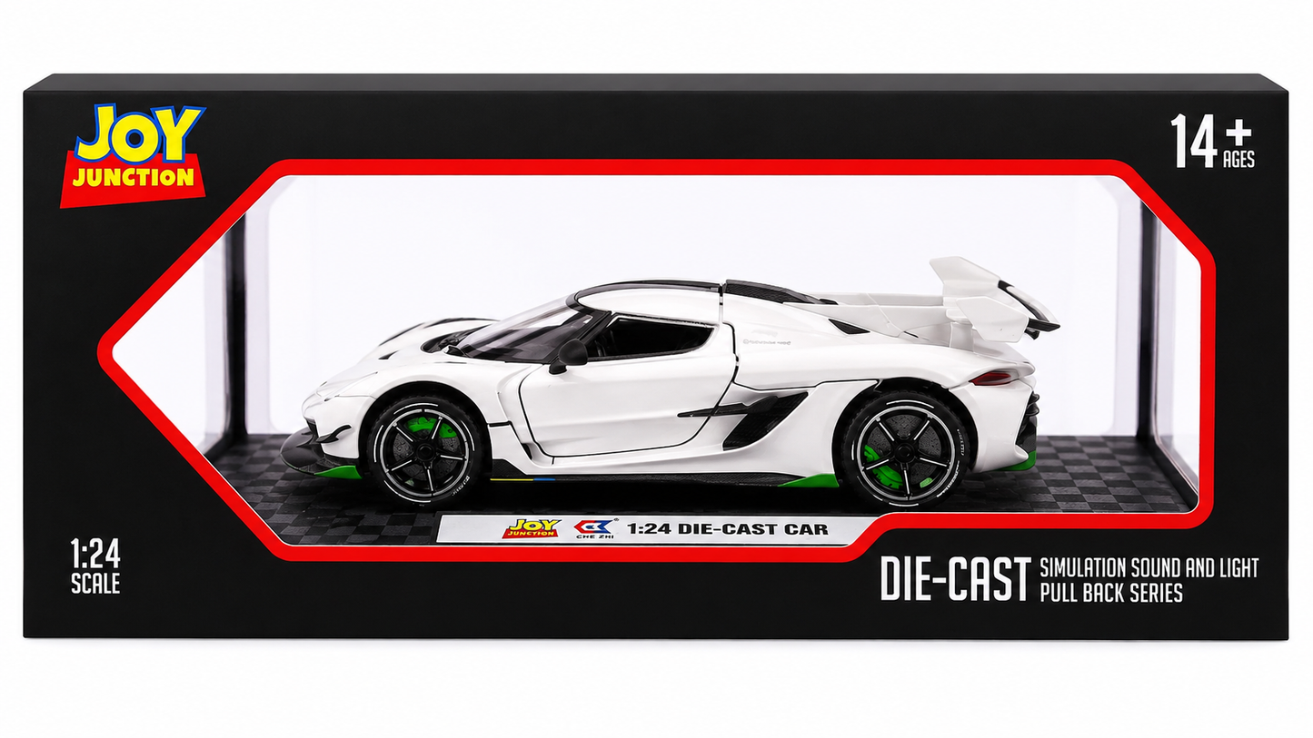 Joy Junction 1:24 Koenig Smoke White Scale Die-Cast Hypercar Model with Sound & Light – Pull Back Metal Sports Car Toy