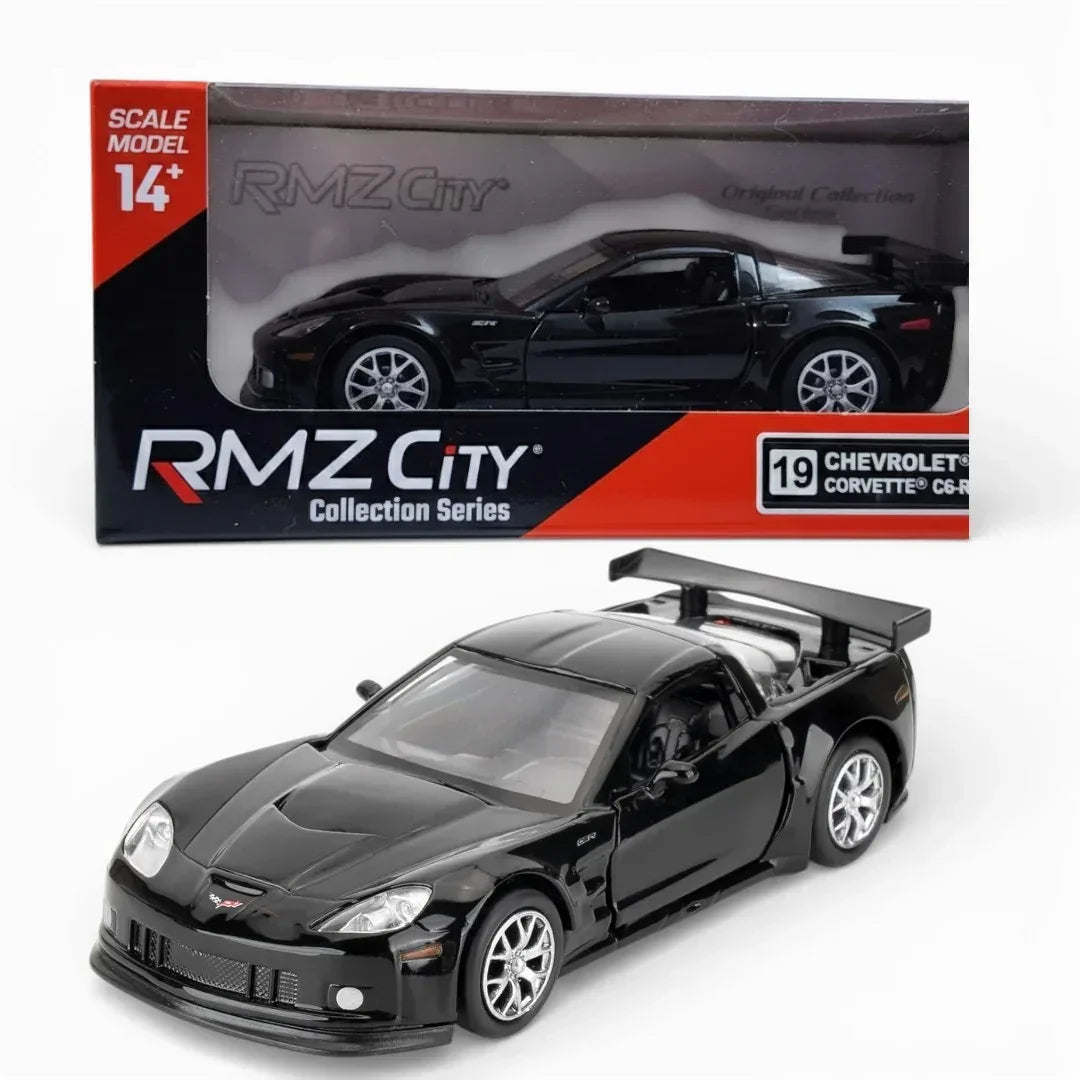 RMZ City 1:36 Chevrolet Corvette C6R Die-Cast Car | Openable Doors & Pull-Back Action | Metal Model Toy (Black / Yellow)