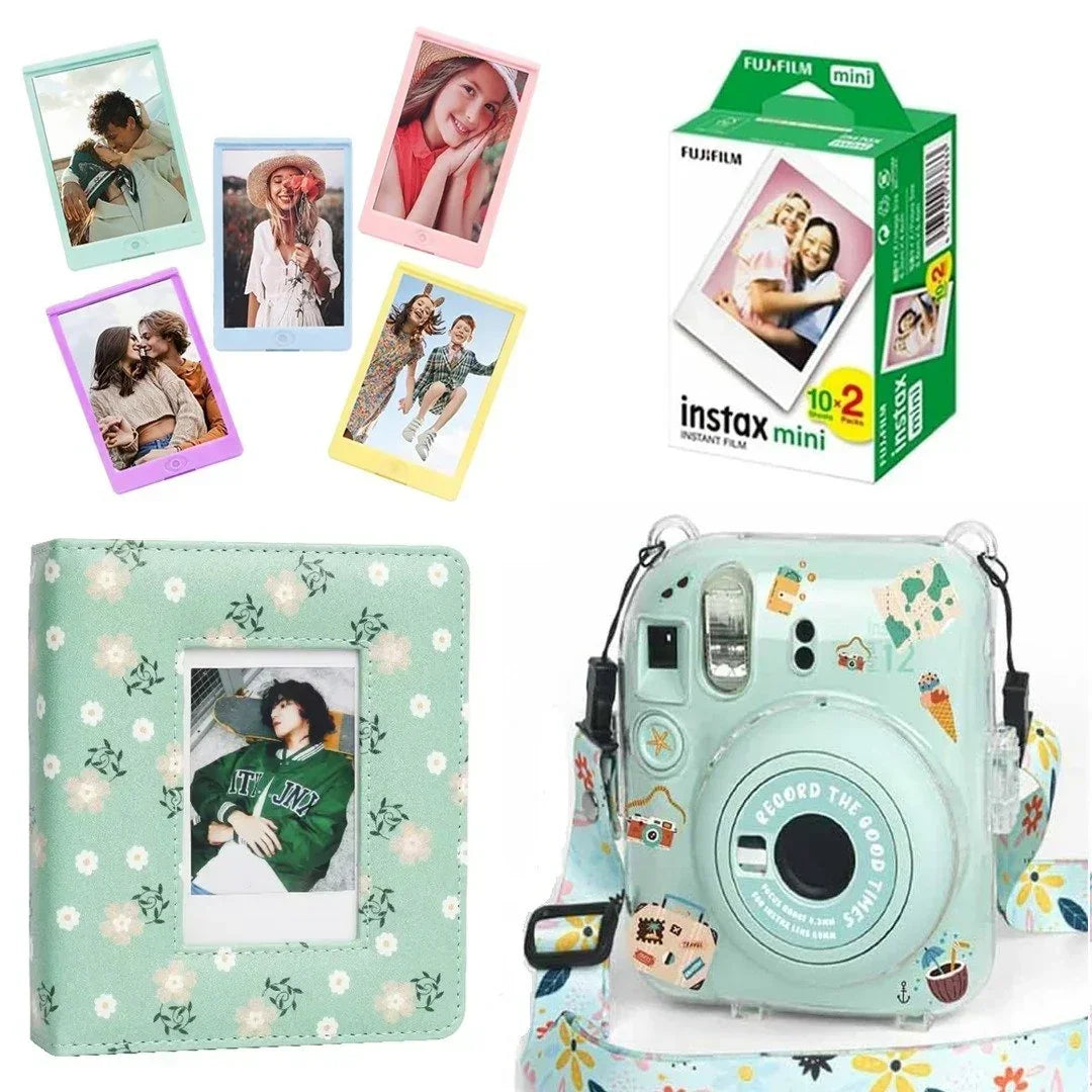Mint green Instax Mini instant camera with floral case, photo album, film pack, and colorful photo prints.