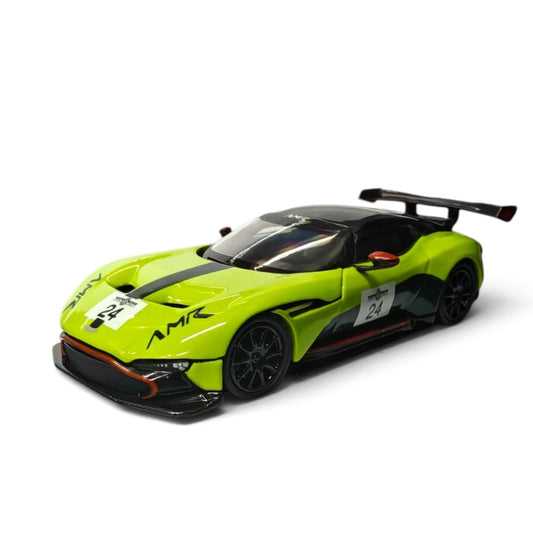 Fine Works 1:64 Aston Martin Vulcan Die-Cast Supercar Model – Miniature Track Car Collectible with Rear Wing