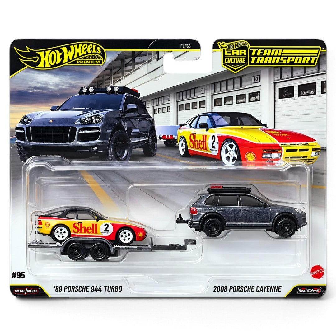 Hot Wheels 1:64 Premium Porsche 944 Turbo Shell & Cayenne with Trailer – Team Transport #95