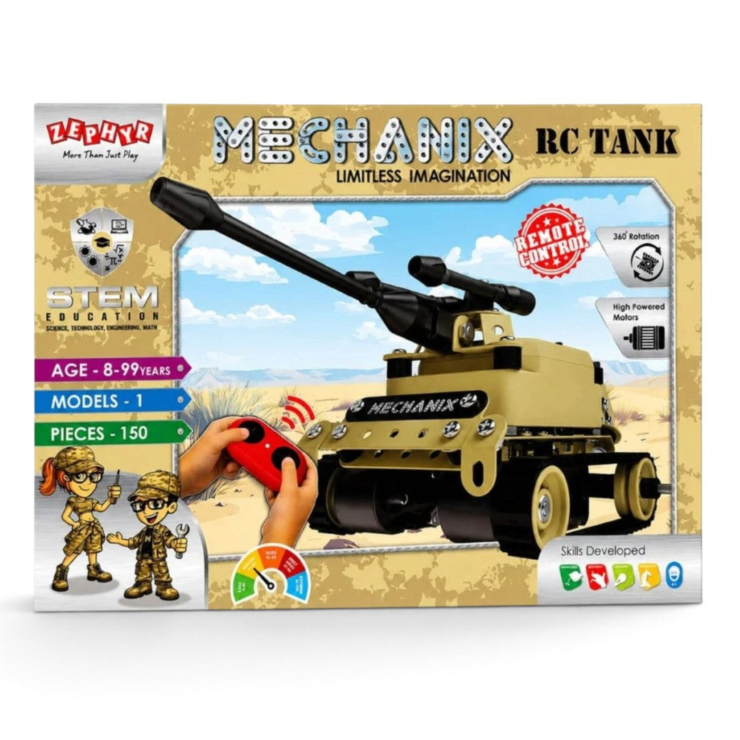 Zephyr Mechanix RC Tank Desert – 150-Piece Remote Control STEM Building Kit, Ages 8+