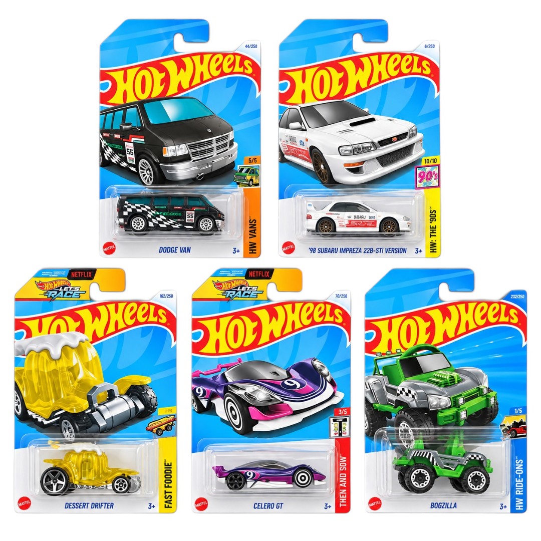 Hot Wheels 1:64 5-Car Die-Cast Set – Dodge Van, ’98 Subaru Impreza 22B-STi, Dessert Drifter, Celero GT & Bogzilla