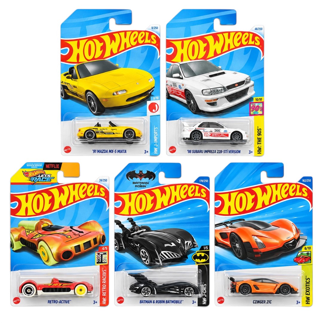 Hot Wheels 1:64 5-Car Die-Cast Set – ’91 Mazda MX-5 Miata, ’98 Subaru Impreza 22B-STi, Retro-Active, Batman & Robin Batmobile & Czinger 21C