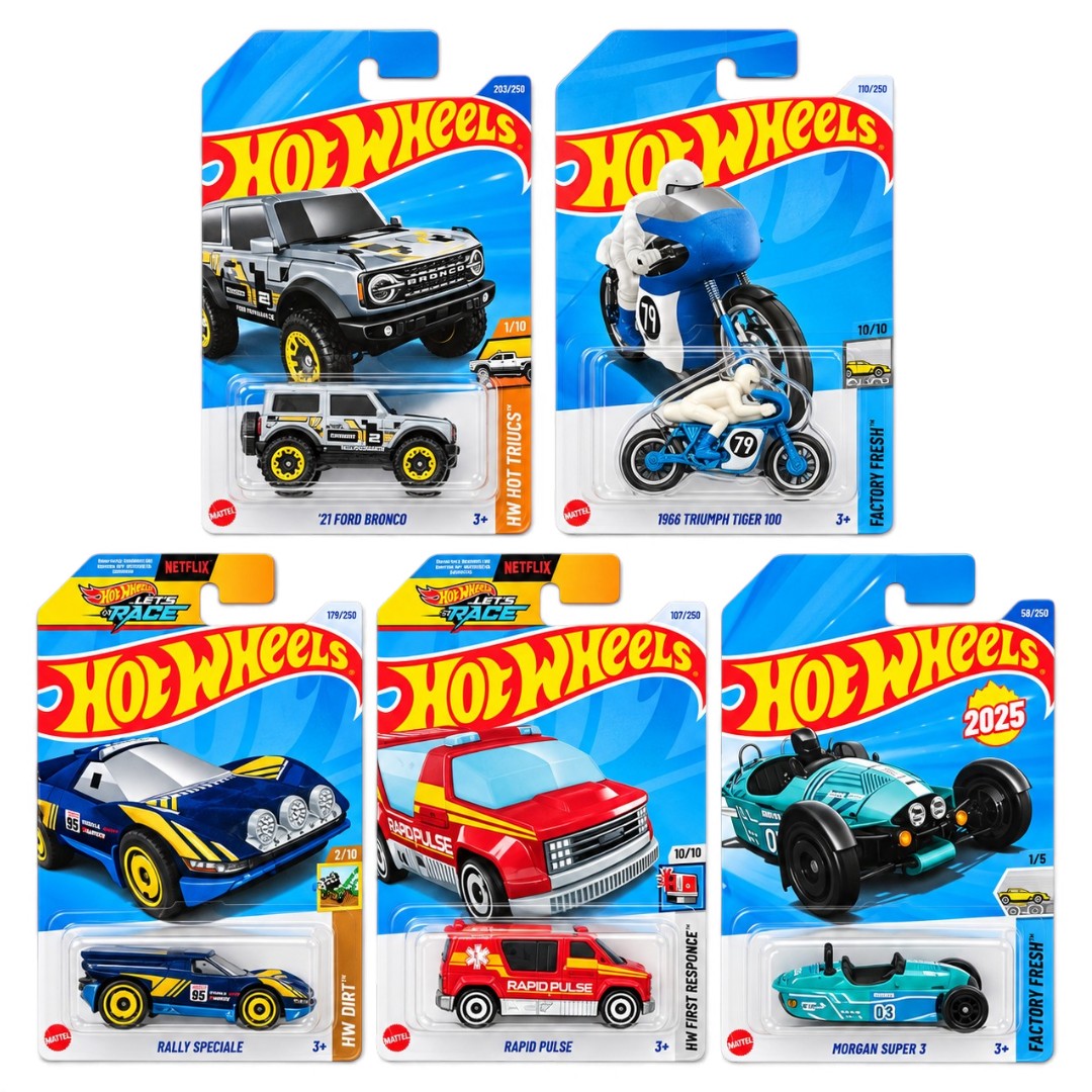 Hot Wheels 1:64 Die-Cast 5-Vehicle Combo Set – ’21 Ford Bronco, 1966 Triumph Tiger 100, Rally Speciale, Rapid Pulse & Morgan Super 3 – Collectible Models