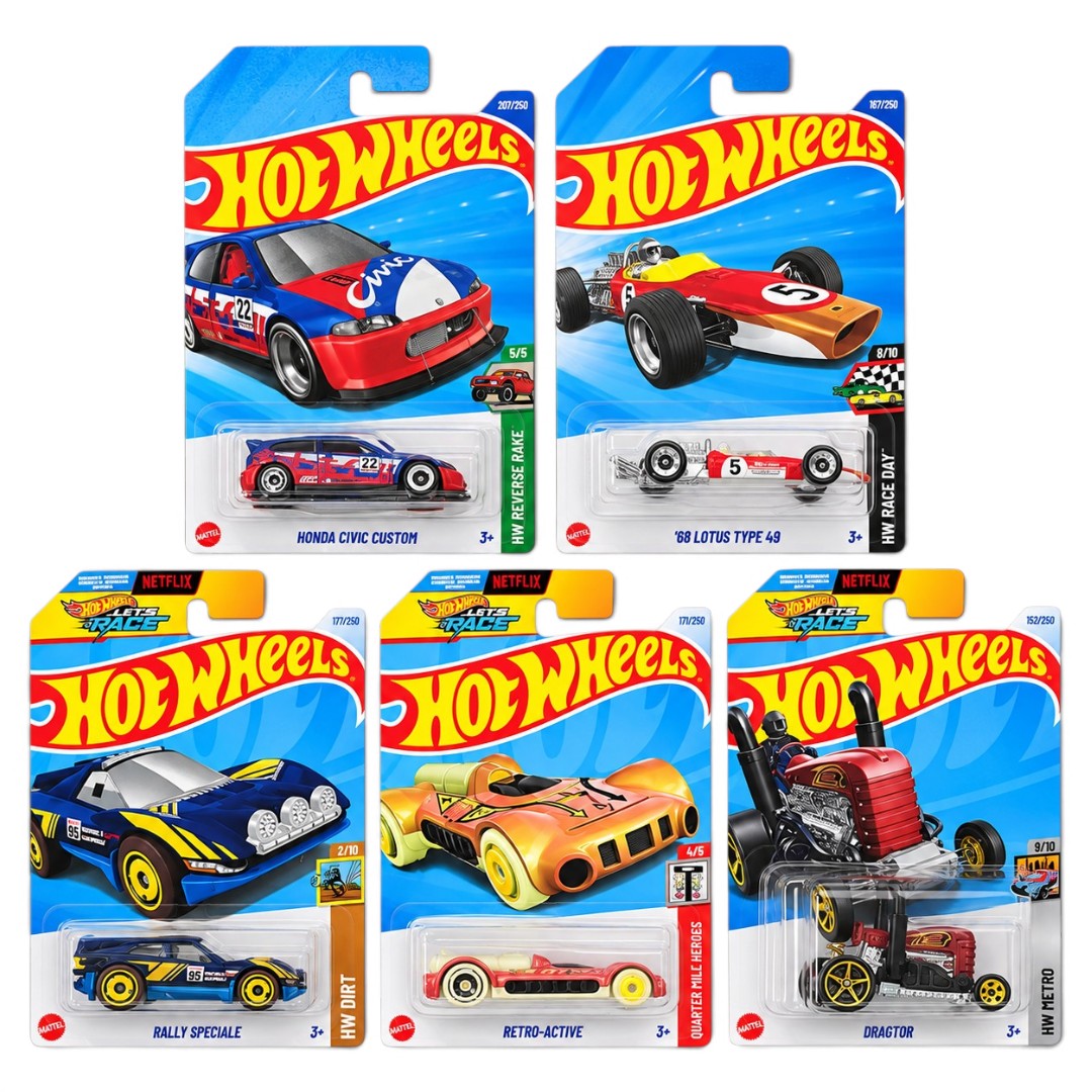 Hot Wheels 1:64 Die-Cast 5-Car Combo Set – Honda Civic Custom, ’68 Lotus Type 49, Rally Speciale, Retro-Active & Dragtor – Collectible Toy Cars
