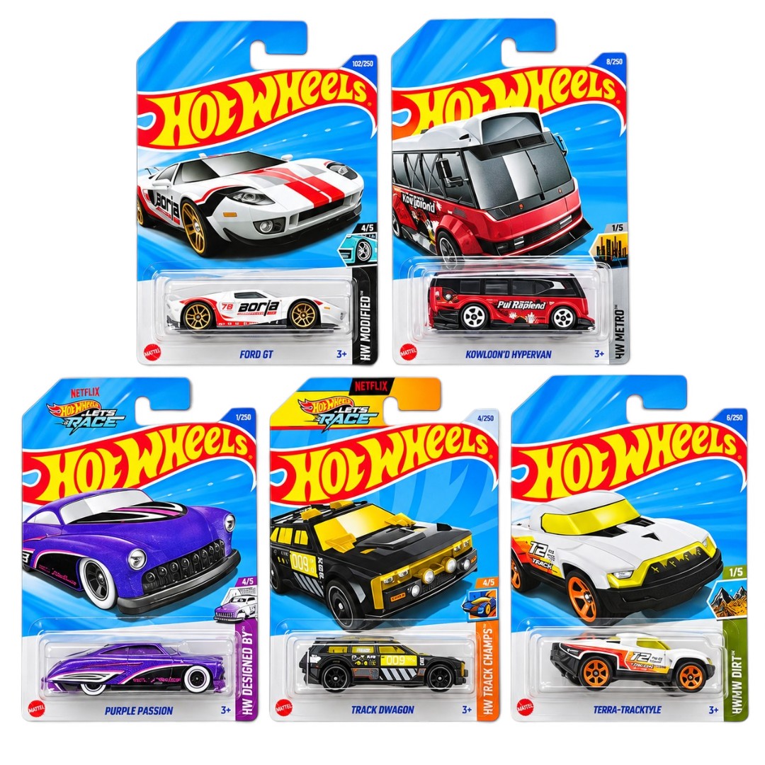 Hot Wheels 1:64 5-Car Die-Cast Set – Ford GT, Kowlown’d Hypervan, Purple Passion, Track Dwagon & Terra-Tracktyl