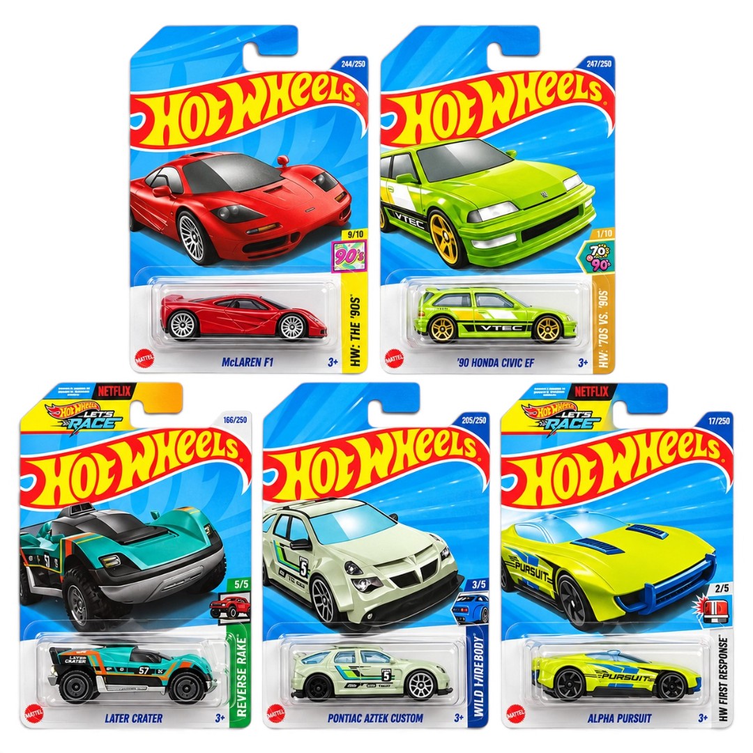 Hot Wheels 1:64 5-Car Die-Cast Set – McLaren F1, ’90 Honda Civic EF, Later Crater, Pontiac Aztek Custom & Alpha Pursuit