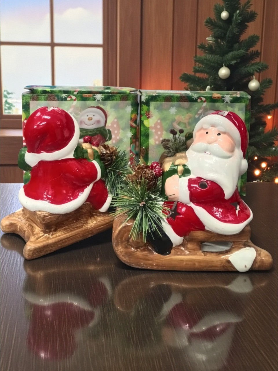 Ceramic Santa on Sled Christmas Figurine – Festive Table Décor with Pinecones & Berries | Holiday Home Decoration (1 Piece)
