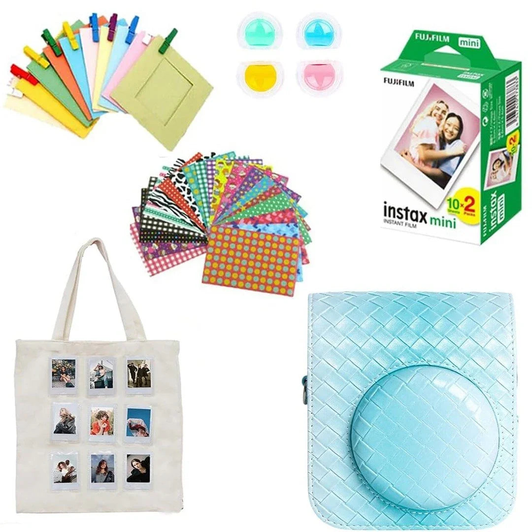 Accessories Bundle Pack - Camera Case for Instax Mini 12(Blue), 20 No.s Film Shots + Photo Hanging Set + Photo Stickers Set + Photo Tote Bag + 4 Coloured Lens - Jaiman Toys