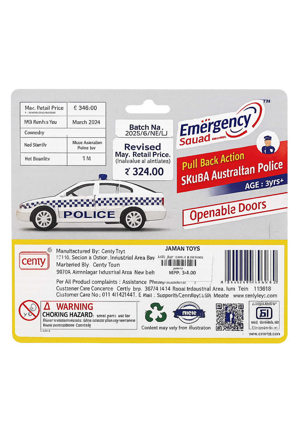 Centy Emergency Squad Skuba Australian Police Pull Back Toy Car with Openable Doors | Die-Cast Style Police Vehicle | Friction Powered | Ages 3+