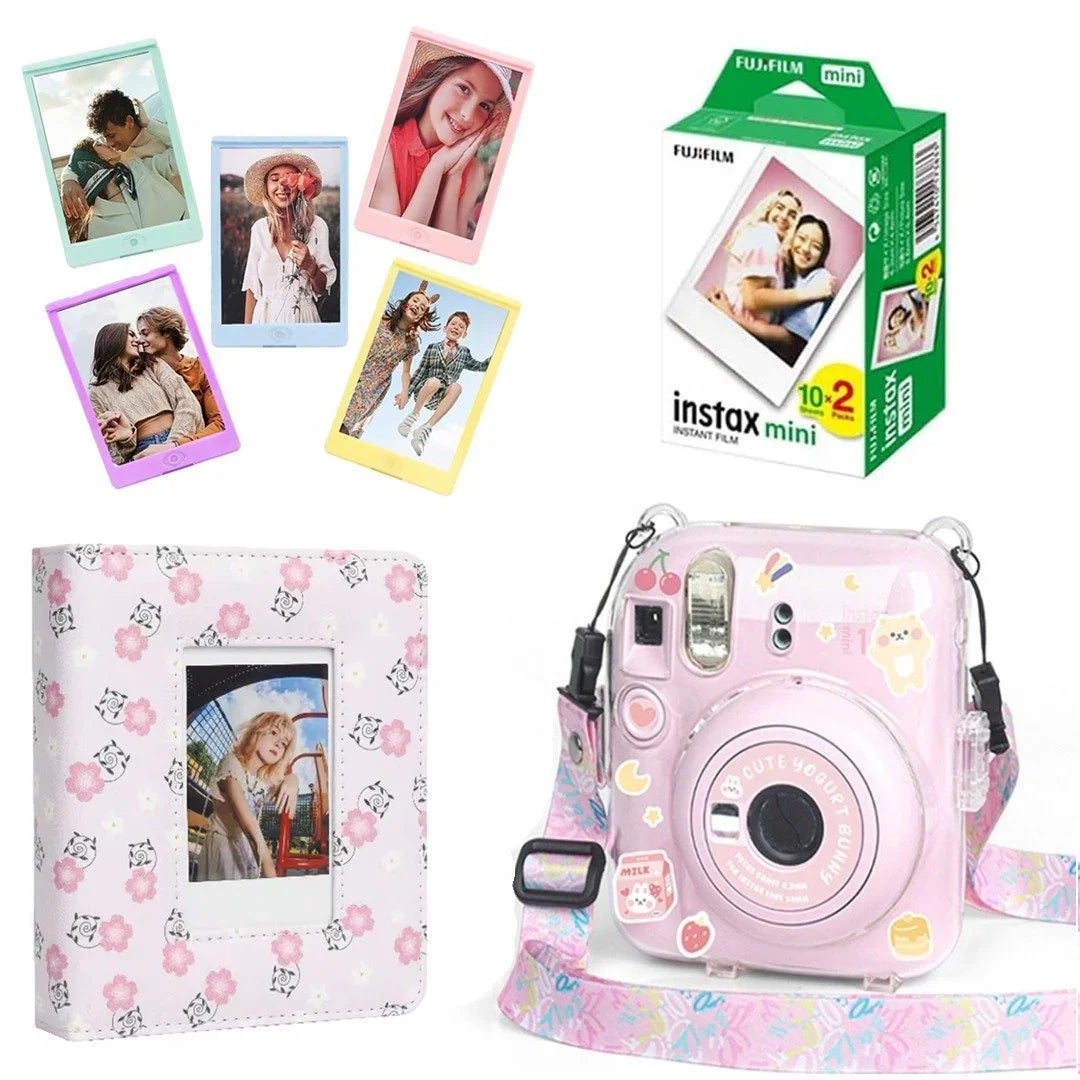Accessories Bundle Pack – Camera Case for Instax Mini 12 (Pink Acrylic) 20 shots Film Pack+ 5 Macaron Coloured Magnetic Photo Fridge Magnet + Photo Frames and Photo Album - Jaiman Toys