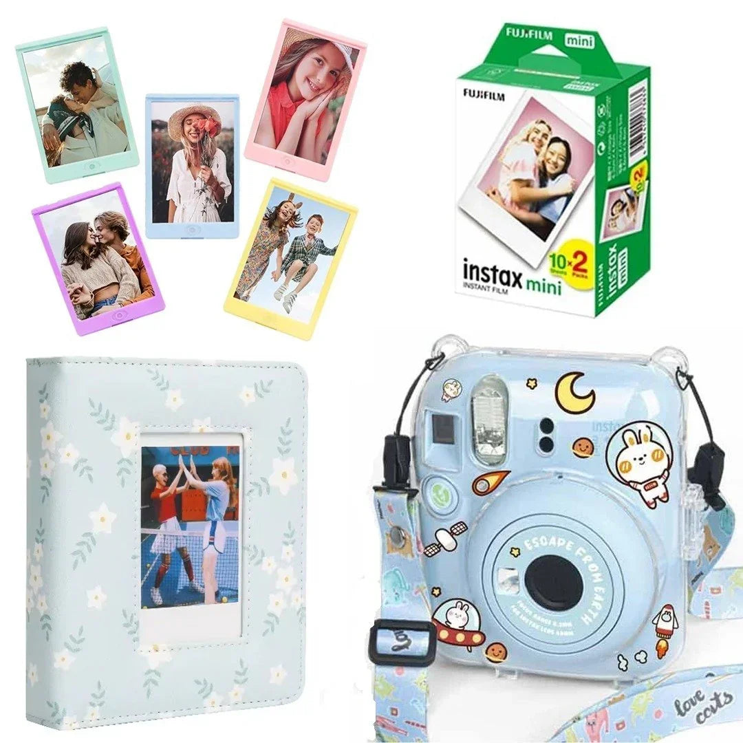 Blue Instax Mini instant camera with cute stickers, photo album, colorful film, and film pack.