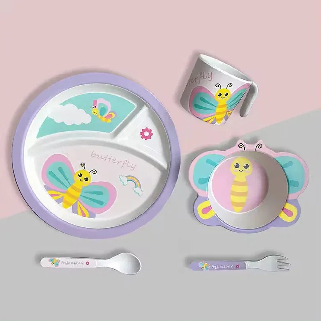 Colorful kids' butterfly-themed dinnerware set with plate, bowl, cup, spoon, and fork.