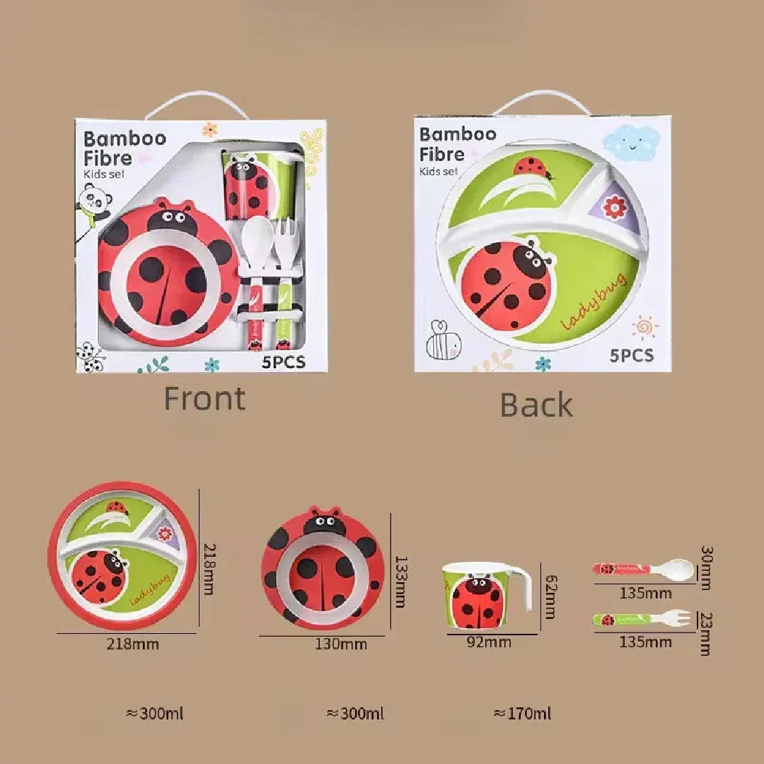 Bamboo fiber kids dinnerware set with ladybug design, including plate, bowl, cup, fork, spoon