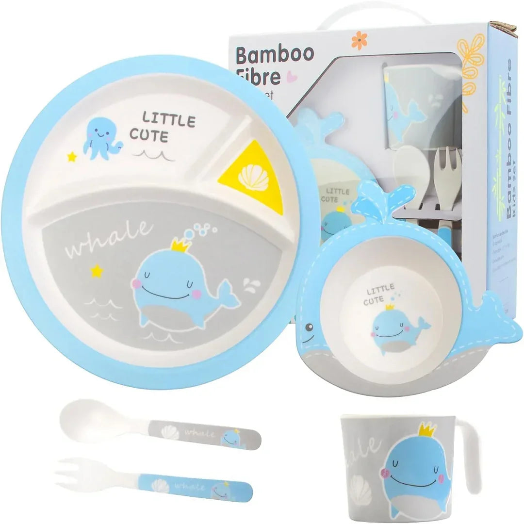 Blue whale-themed bamboo fiber kids dinnerware set with plate, bowl, cup, spoon, and fork