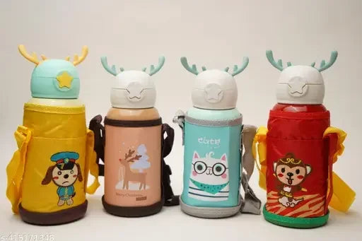 Deer Stainless Steel Water Bottle For Kids with carry bag, additional cup and sipper 500 ML (Cream) - Jaiman Toys