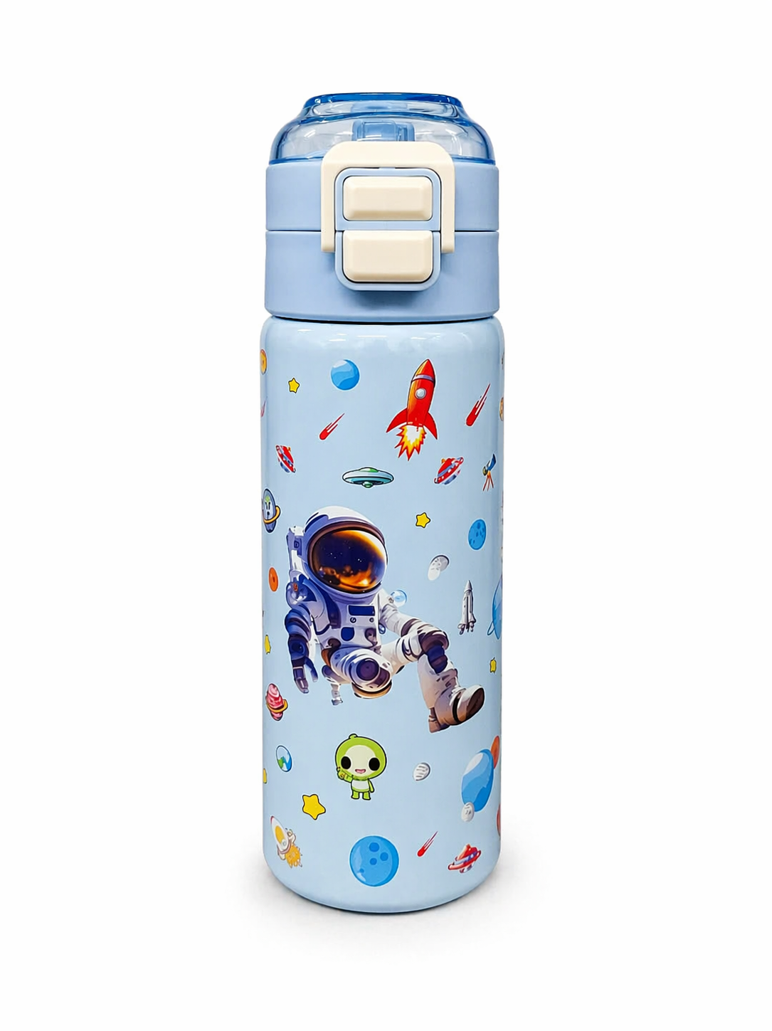 Kids Stainless Steel Space Theme Water Bottle 500ml with Straw Lid – Leakproof School Bottle for Children (Astronaut Design)