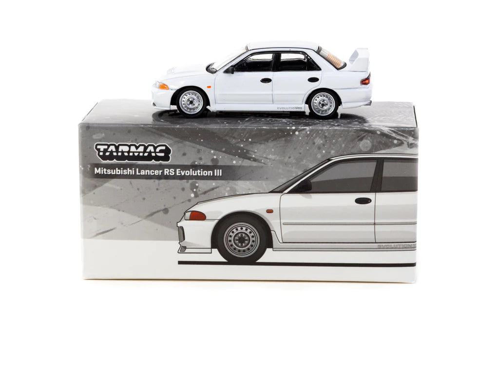 Tarmac Works 1:64 Mitsubishi Lancer Evolution III RS White Diecast Model Car | Authentic JDM Rally Replica | Premium Metal Collectible