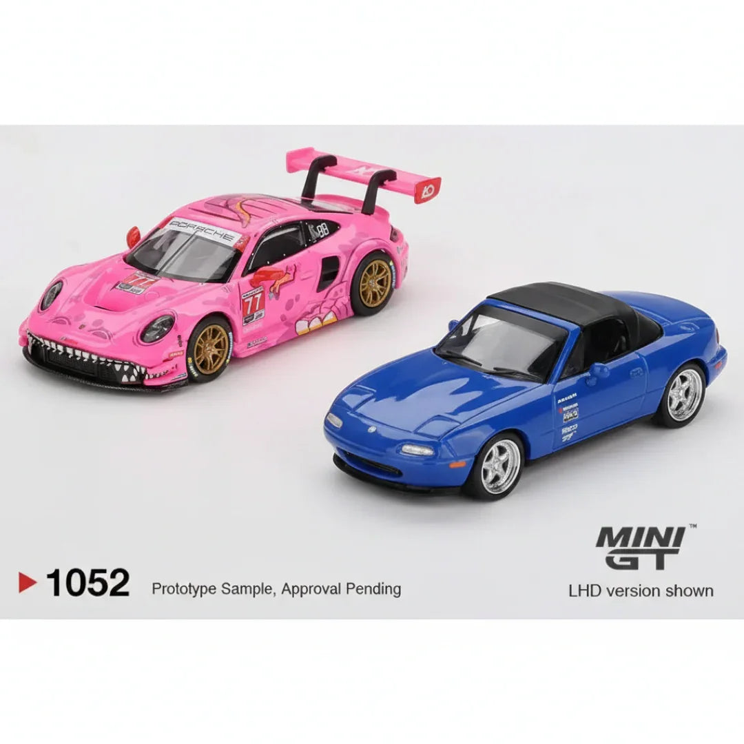 Mini GT 1:64 Roxy Porsche 911 GT3 R #77 IMSA + Mazda Miata MX-5 NA