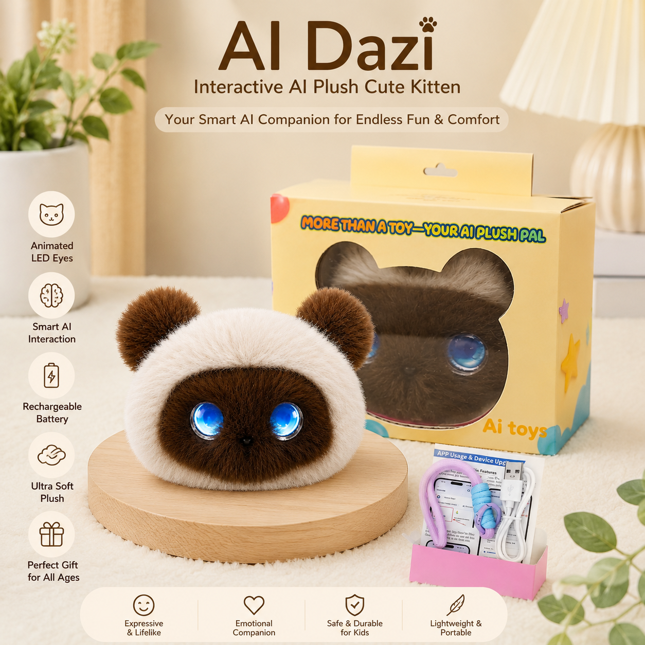 AI Dazi Interactive AI Plush Cute Kitten | Smart AI Table Companion with Animated LED Display Eyes | Rechargeable Plush Toy | Intelligent AI Pet for Kids & Adults
