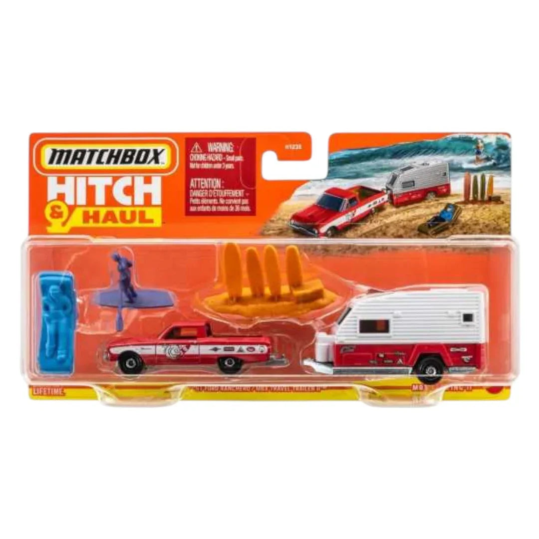 Matchbox Die-Cast Collectible Playset Hitch & Haul 1961 Ford Ranchero/MBX Travel Trailer ll & MBX Surfing ll