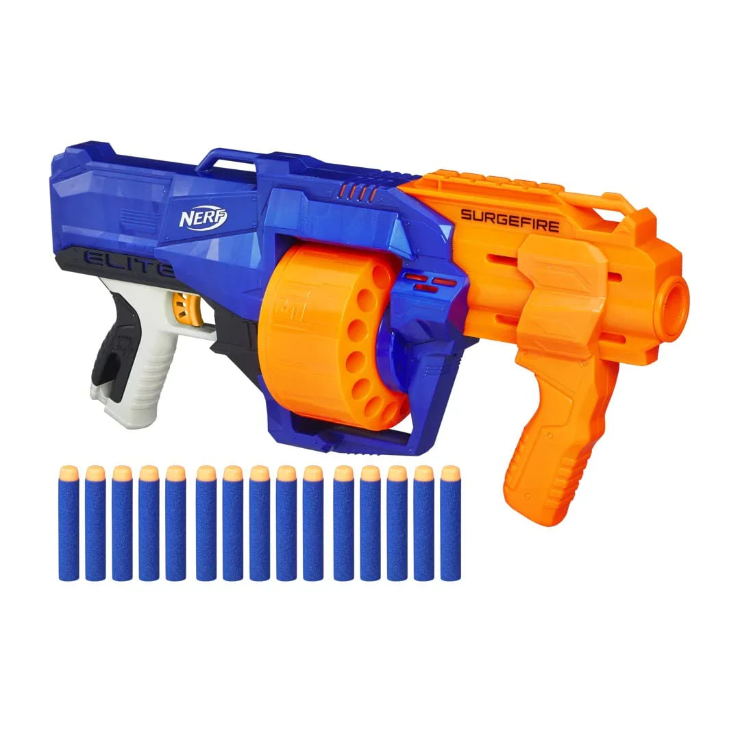 Nerf Surgefire Elite Blaster 15-Dart Rotating Drum, Slam Fire, Includes 15 Official Elite Darts for All Age - Jaiman Toys