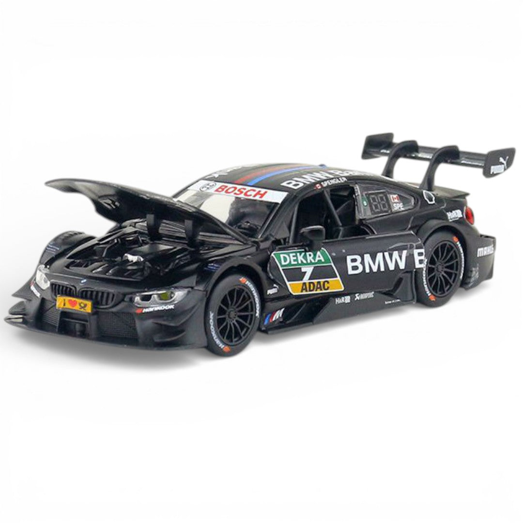 RMZ Hobby 1:32 BMW M4 DTM Die-Cast Model Car – Black|Pull Back, Openable Doors, Light & Sound (664999)