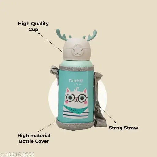 Deer Stainless Steel Water Bottle For Kids with carry bag, additional cup and sipper 500 ML (Green) - Jaiman Toys