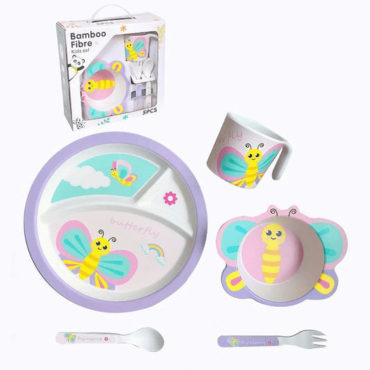 Children's bamboo fiber dinnerware set with butterfly design, includes plate, bowl, cup, fork, and spoon.