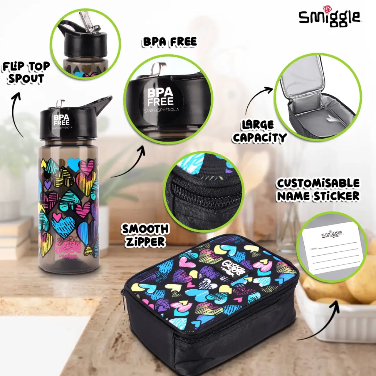 Smiggle Giggle Heart Print Bundle Set (4 Pieces) – Backpack, Lunch Bag, Pencil Case & Water Bottle for Kids 3+