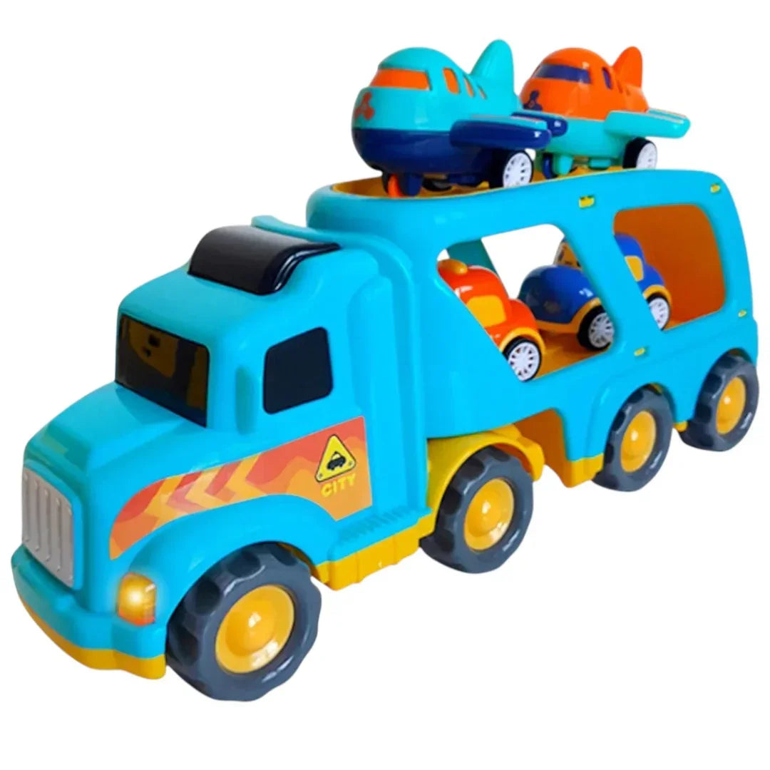 Transporter Sound & Light Truck Toy for Kids – Car Carrier with Mini Cars & Airplanes | Pull Back Transport Fleet Toy 3+